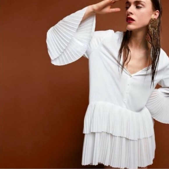 ZARA White PLEATED DRESS BLOUSE TUNIC Flowing V-neck blouse long sleeves - Picture 13 of 15